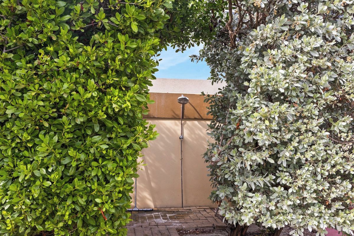 Un espace jardin agrémenté d’une clôture en métal, d’un mur et d’un lampadaire.