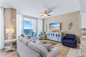 Comfort Condo, 3 Bedrooms, Non Smoking, Beach View | Living room | 64-inch Smart TV with cable channels