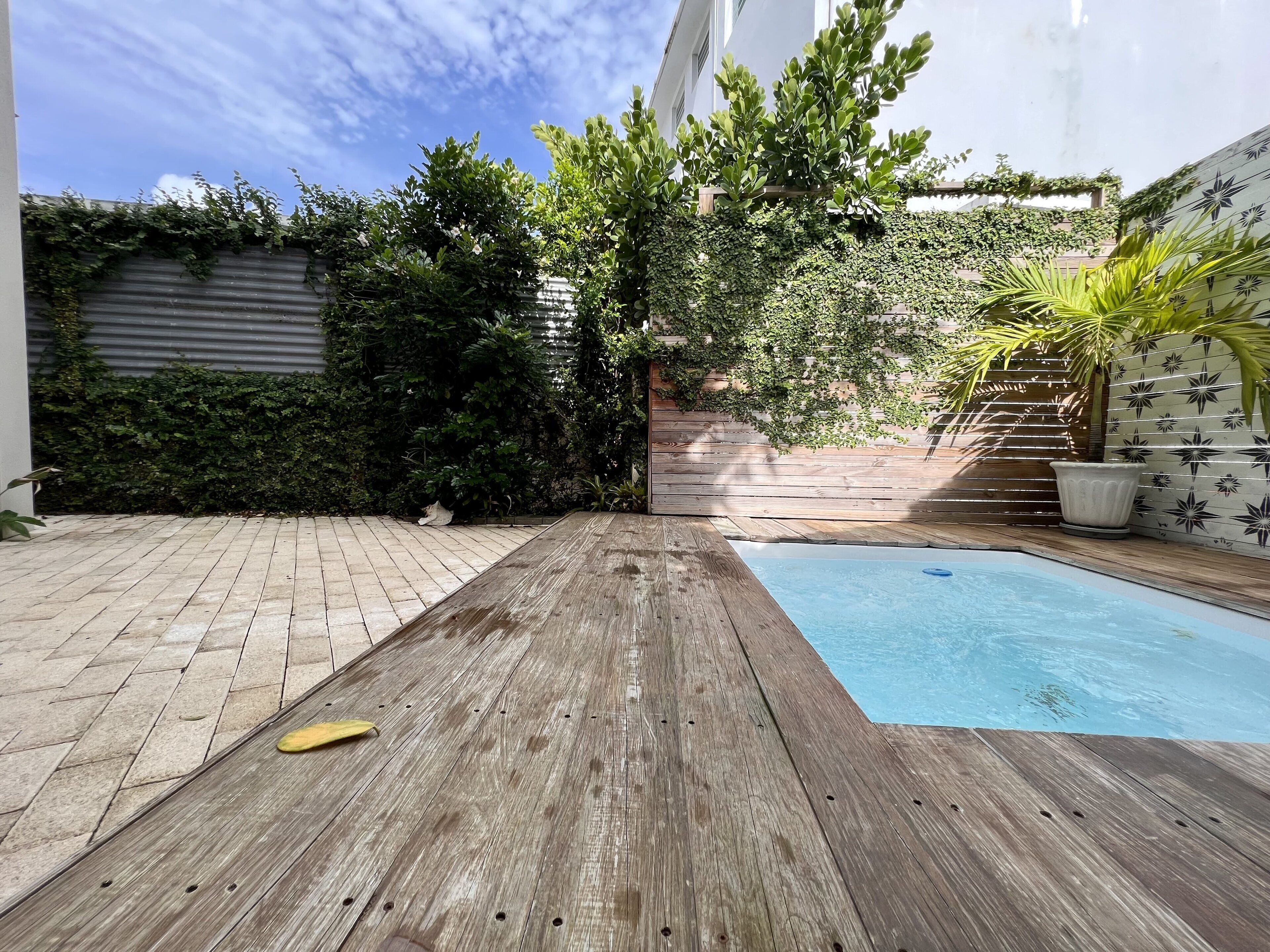 A wooden deck leading to a swimming pool, surrounded by lush greenery and a tiled wall with a star pattern.