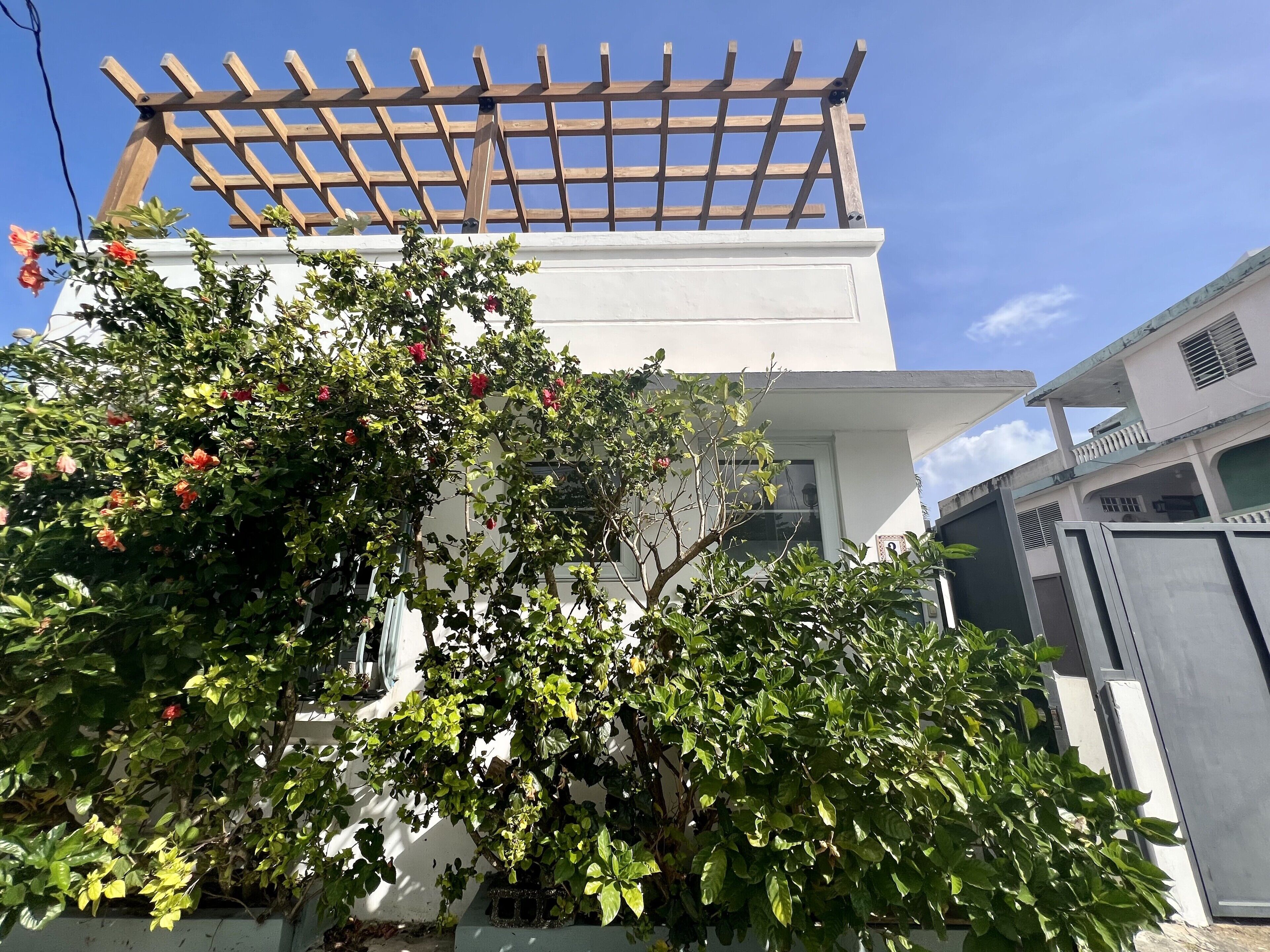 A white building with a wooden pergola and lush green foliage.