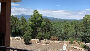 Une vue sur un paysage montagneux, avec une forêt dense et un ciel dégagé.