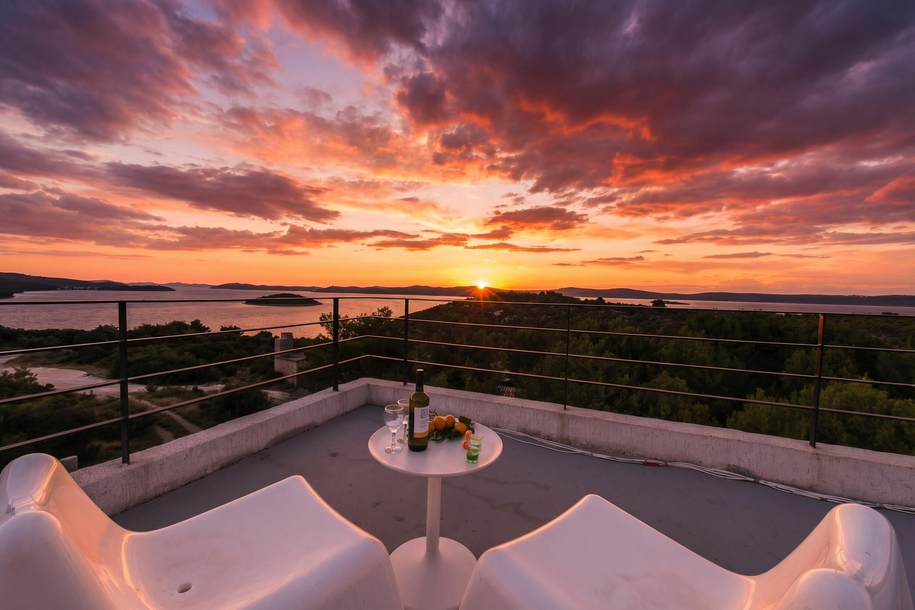 A terrace with a sunset view, a table with a bottle and fruits, and white chairs.