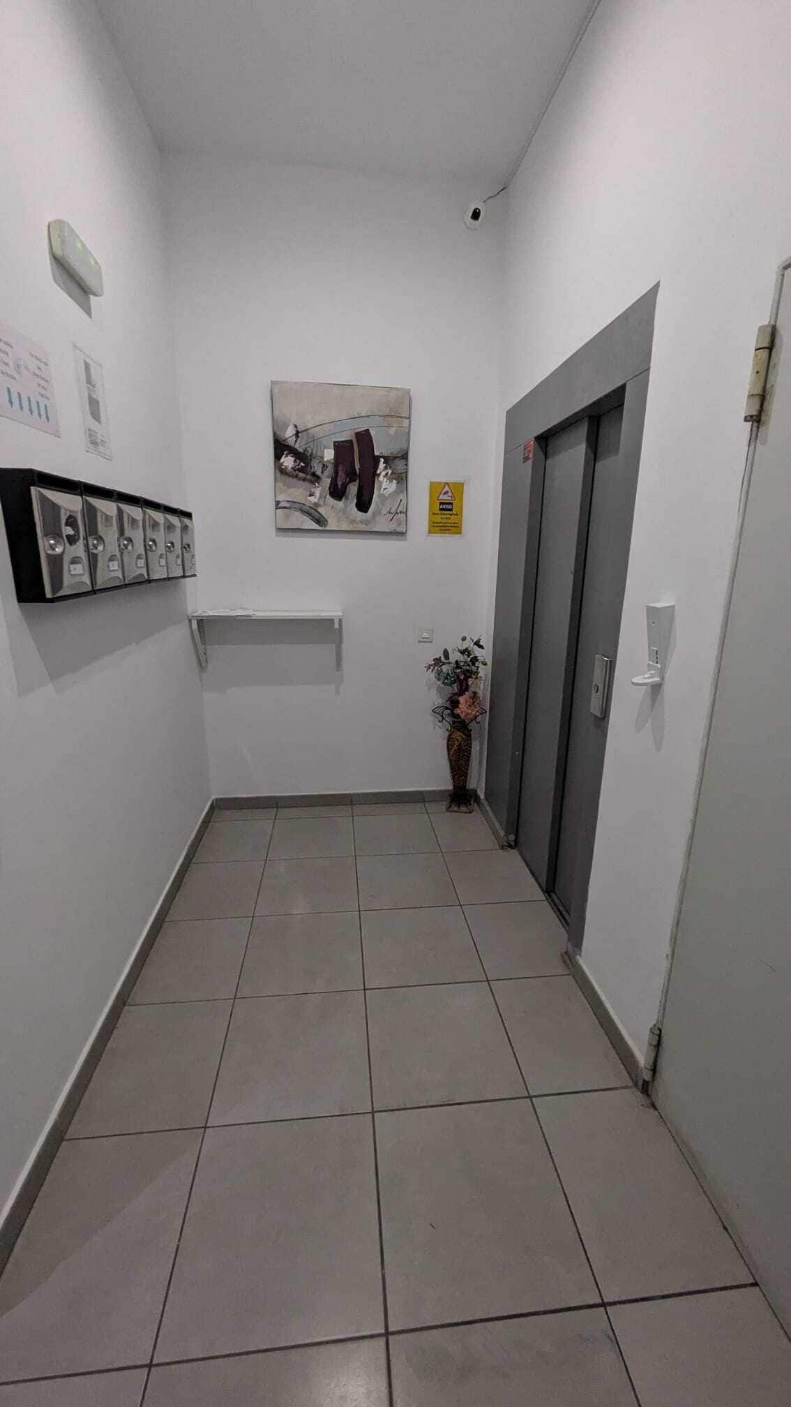 Un pasillo con suelo de baldosas, una obra de arte colgada en la pared, una planta en maceta y una puerta con manija.