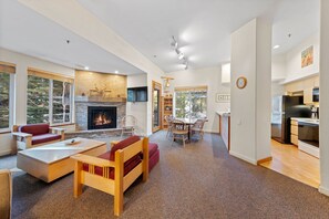 Télévision, cheminée, lecteur de DVD, table de tennis de table