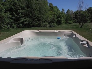 Un bain à remous doté d’un siège intégré et d’une plateforme flottante, le tout entouré d’une végétation luxuriante.