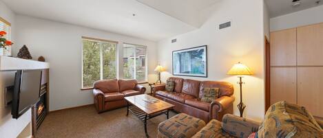 Televisión, chimenea, reproductor de DVD y tenis de mesa