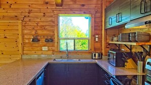 A kitchen with wooden walls, a window with a view of trees, a sink, and stainless steel appliances.
