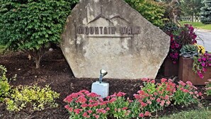 A large stone sign with the text "MOUNTAIN VIEW" surrounded by colorful flowers and greenery. - Modern/Rustic 2 Story Condo/3 Min Walk to Village (The Blue Mountains)