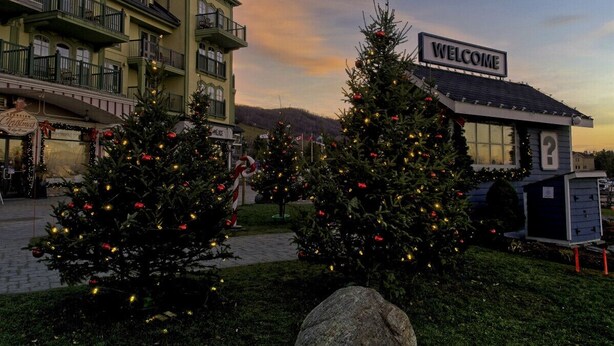 A building with a 'WELCOME' sign, decorated Christmas trees, and a stone pathway.