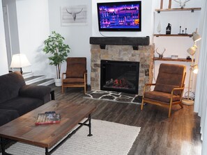 Televisión, chimenea, videojuegos y estéreo 