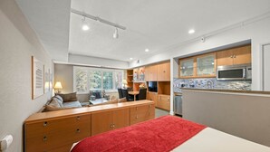 A compact, modern room with a bed, a sofa, a dining table, and a kitchenette.