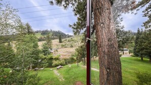 Vista desde una ventana sobre un paisaje natural con un lago, árboles y una zona cubierta de césped.