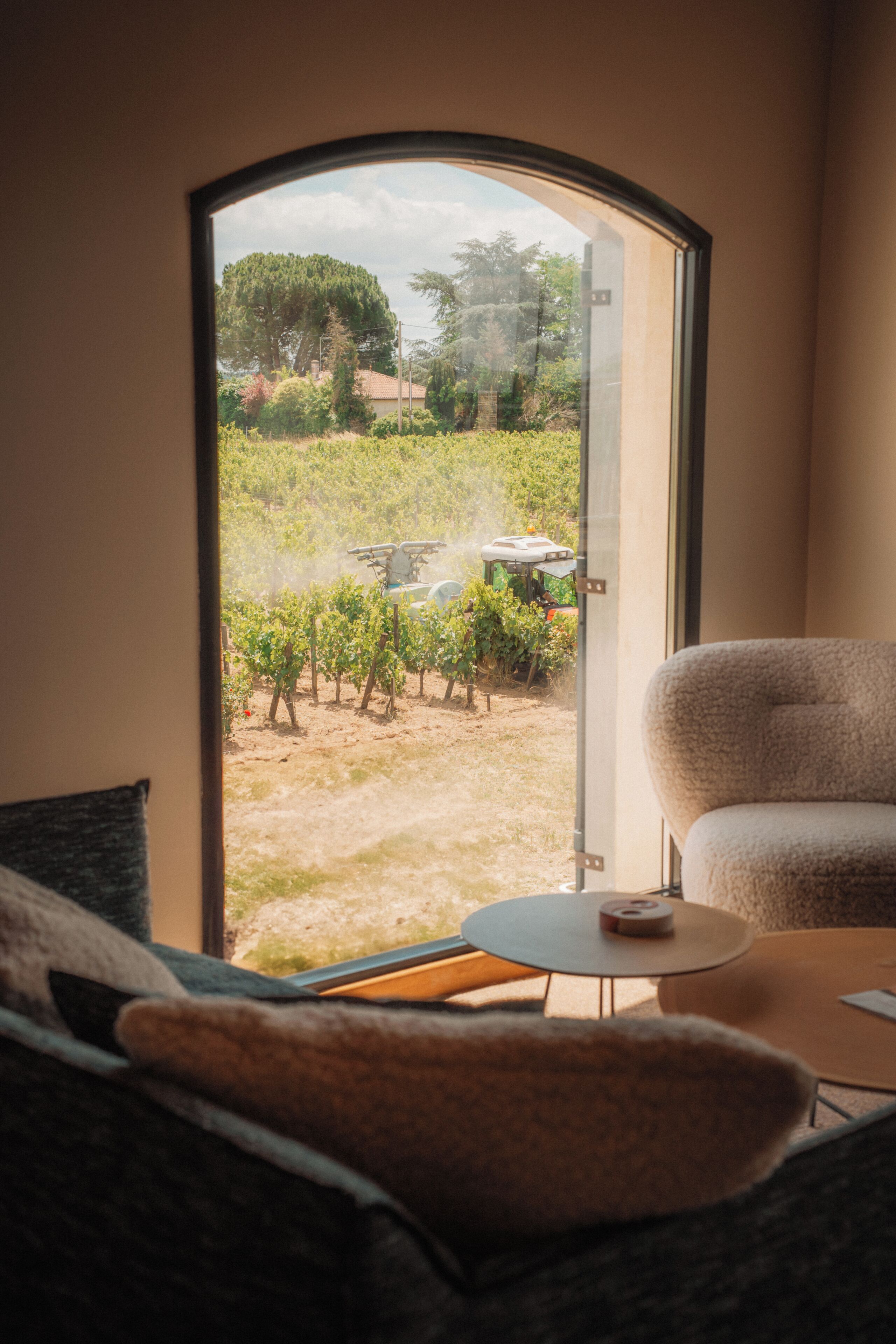 Ein Zimmer mit einer Glastür, die zu einem Weinberg führt.