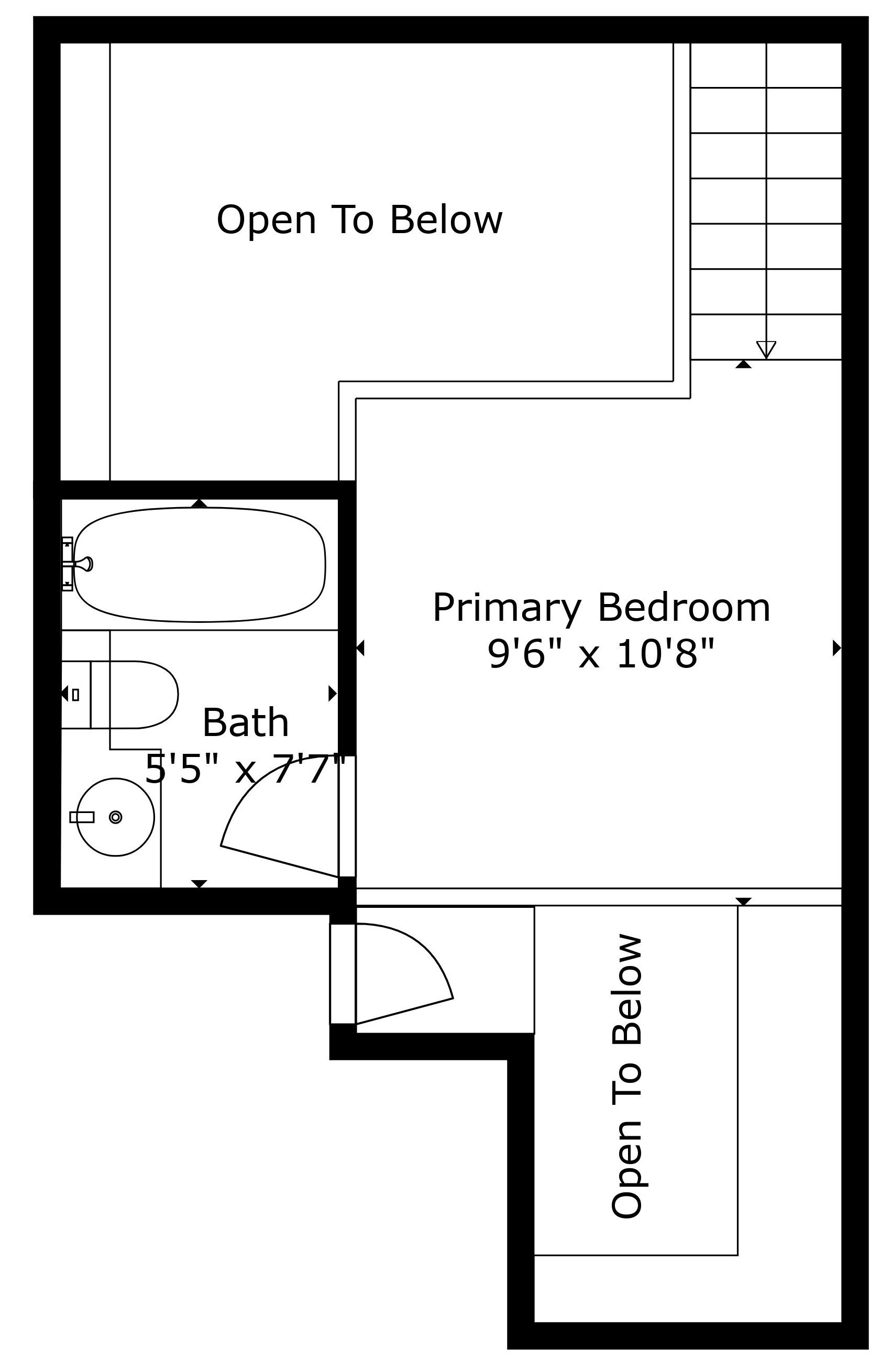 A floor plan of a hotel room with a primary bedroom measuring 9'6" x 10'8", a bath area measuring 5'5" x 7'7", and an open space labeled "Open To Below".