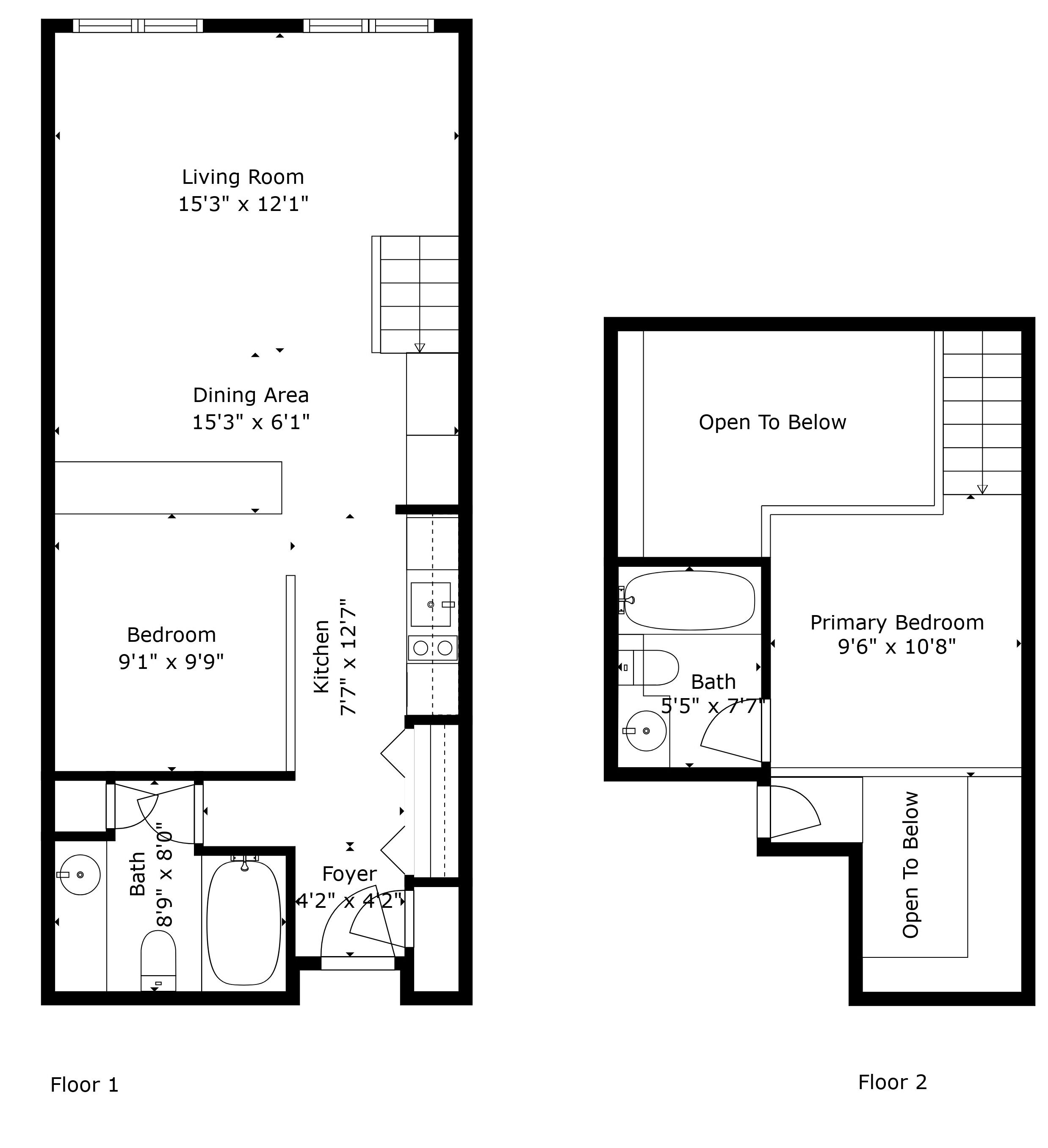 A floor plan of a two-floor apartment with a living room, dining area, kitchen, bedroom, bathroom, and foyer.