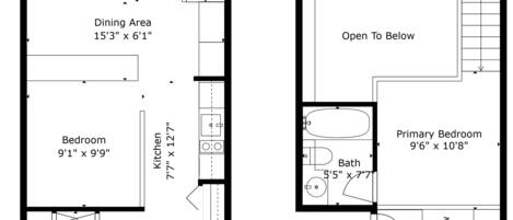 A floor plan of a two-floor apartment with a living room, dining area, kitchen, bedroom, bathroom, and foyer.