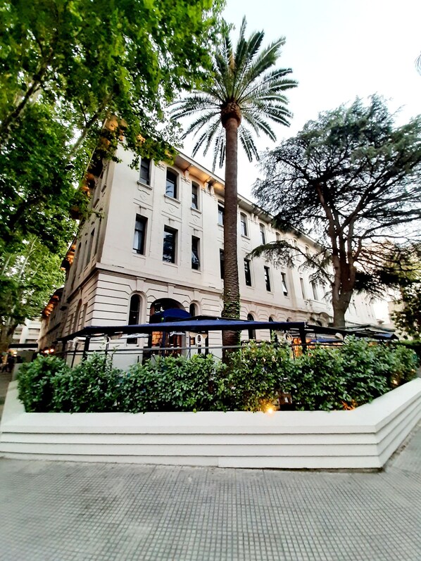 A historic building with a classical architectural style, featuring a central entrance with a canopy, surrounded by lush greenery and palm trees.