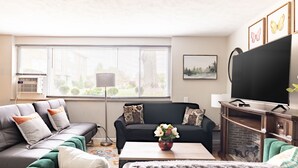 Una sala de estar con un sofá, una mesa de centro, un televisor y una chimenea.