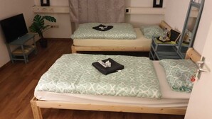 Quarto pequeno e aconchegante com duas camas de solteiro, uma TV, uma planta e uma mesinha com espelho e artigos de higiene pessoal.
