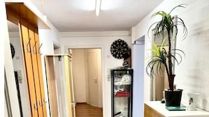 Um corredor com piso de madeira, um cabideiro, um armário preto com portas de vidro e um vaso com planta.