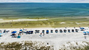 A beach with clear skies, calm waters, and people enjoying the sun. - "62 Blue View" Lakefront Private Pool Short Walk to the Beach (Santa Rosa Beach)
