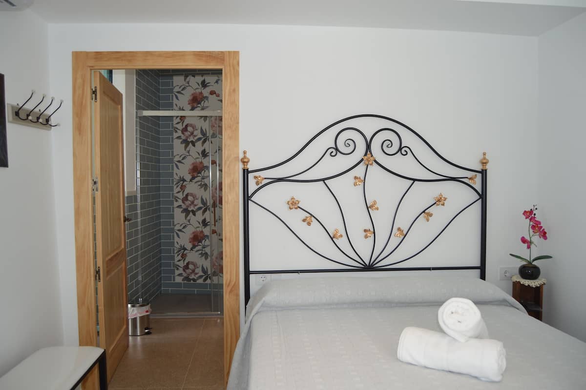 A bedroom with a bed, a wooden door, a shower area, and a small table.