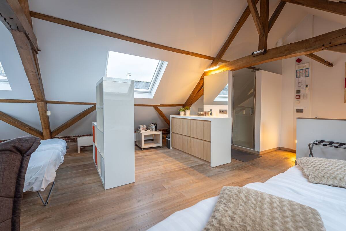 A cozy attic bedroom with exposed wooden beams, a skylight, a kitchenette, and a bed with a fluffy pillow.