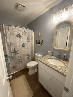 Hair dryer, towels, soap, toilet paper