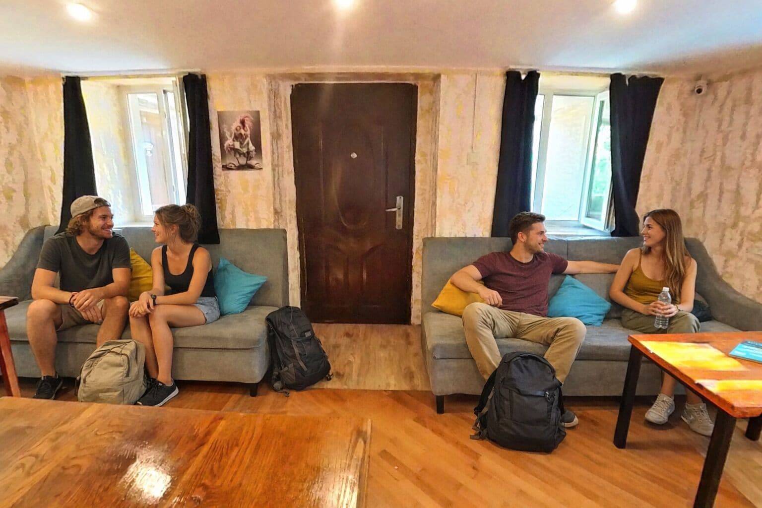 Desk, laptop workspace, blackout drapes, soundproofing