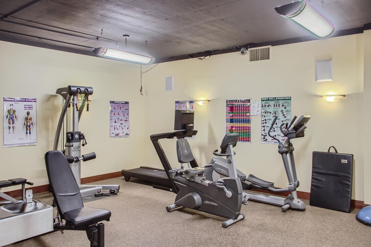 A gym with various exercise equipment, including a treadmill, elliptical, and weight machines.