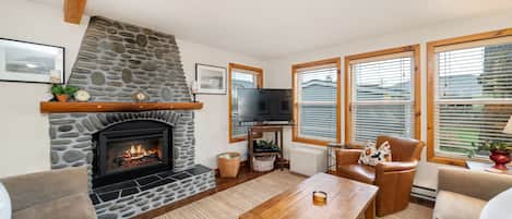 Smart TV, fireplace, DVD player, books