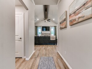 Smart TV, fireplace, books