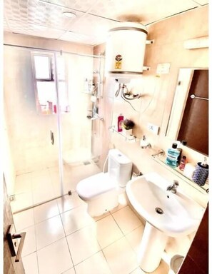 Hair dryer, towels, soap, shampoo