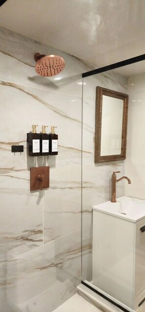Douche, séchoir à cheveux, serviettes fournies, savon