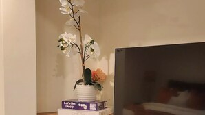 A bedroom with a bed, a TV, a shelf with books and a flower, and a power outlet.