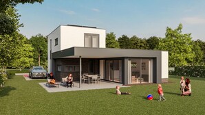 A modern house with a covered patio, a car parked outside, and people and children playing in the yard. - Premium Island 6p in Thorn (Thorn)