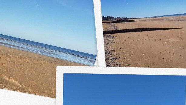 A collage of beach scenes with clear skies and calm waters. - Maison Neuve Bord de mer (Lion-sur-Mer)