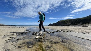 A person standing on a rocky beach with clear water and a blue sky.