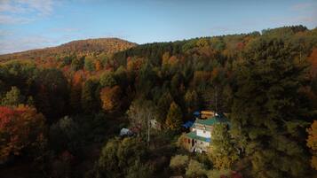 A house surrounded by dense forest with autumn foliage.