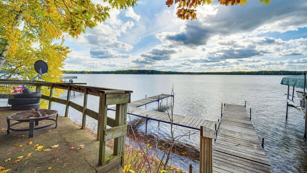 Une jetée en bois s’étendant sur un lac paisible, entourée d’un feuillage automnal et sous un ciel dégagé.