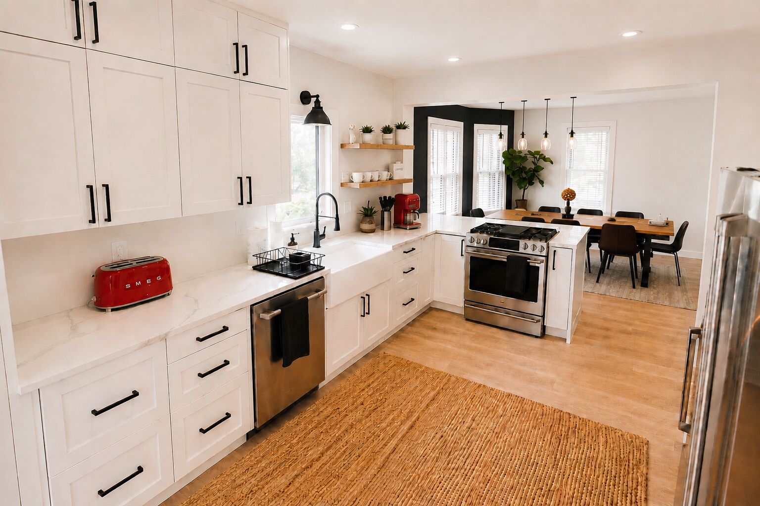 A modern kitchen with white cabinets, a red toaster, a stainless steel dishwasher, and a gas stove.