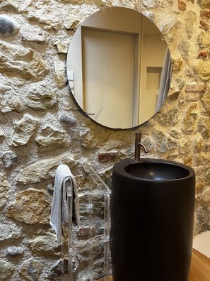 Shower, hair dryer, bidet, towels