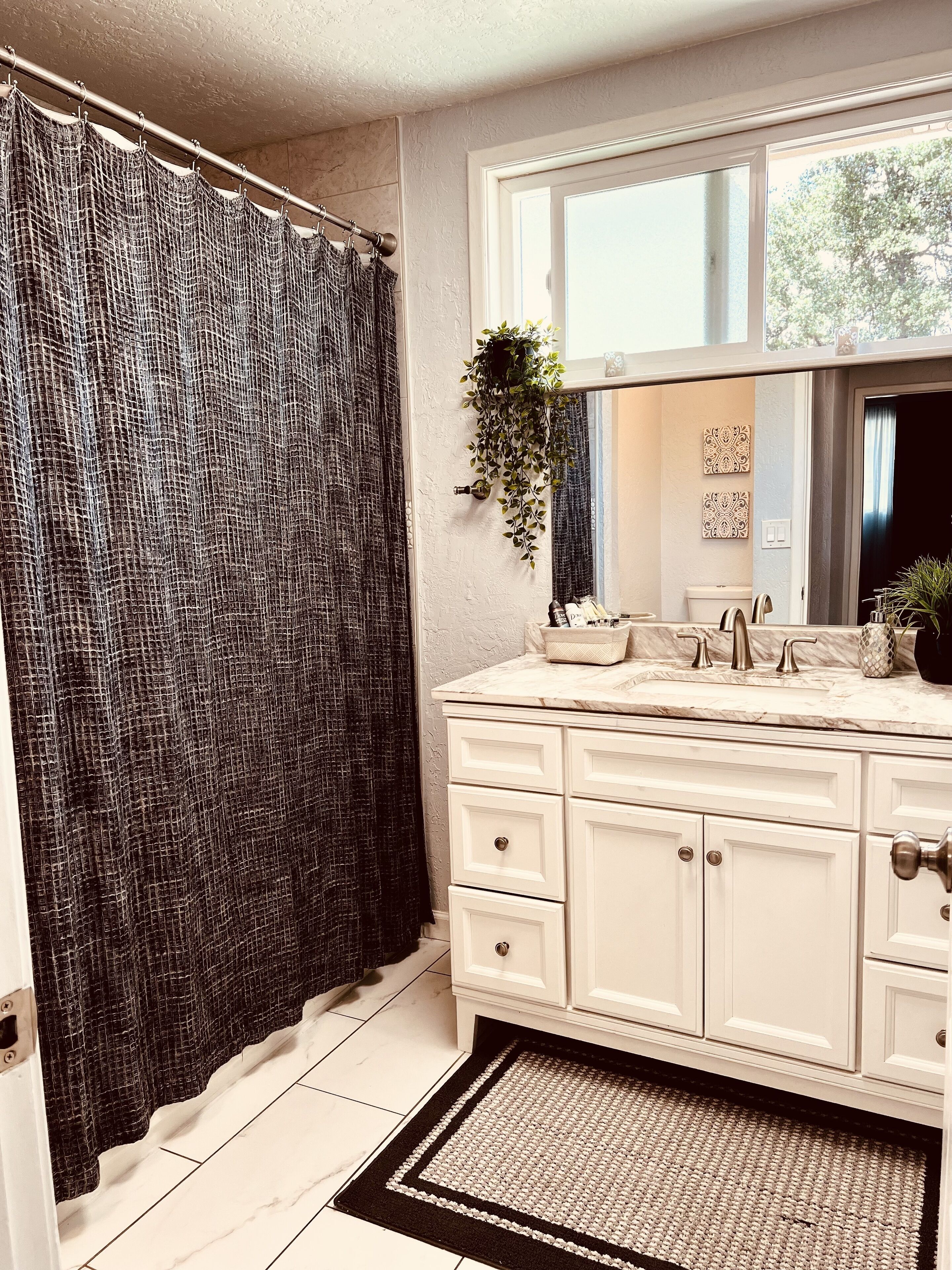 Hair dryer, towels, soap, toilet paper