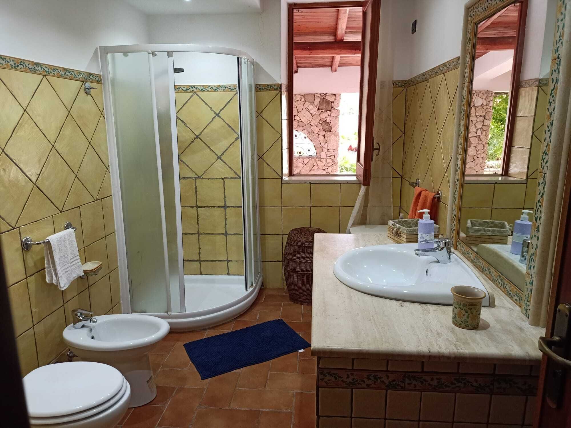 Een badkamer met een douchecabine, een wastafel met spiegel en twee toiletten.