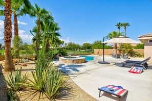 Terrace/patio - Palms Place | Fairway Views + Pool & Spa | Pets OK (Indio)