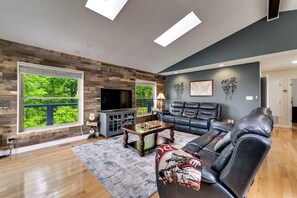 Smart TV, fireplace, books