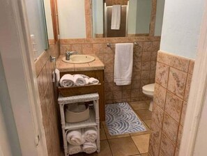 Regadera, secadora de cabello, toallas, jabón