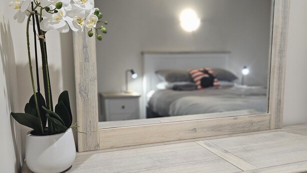 Un meuble-lavabo de salle de bain avec un miroir, une orchidée en pot et un lit visible dans le reflet.