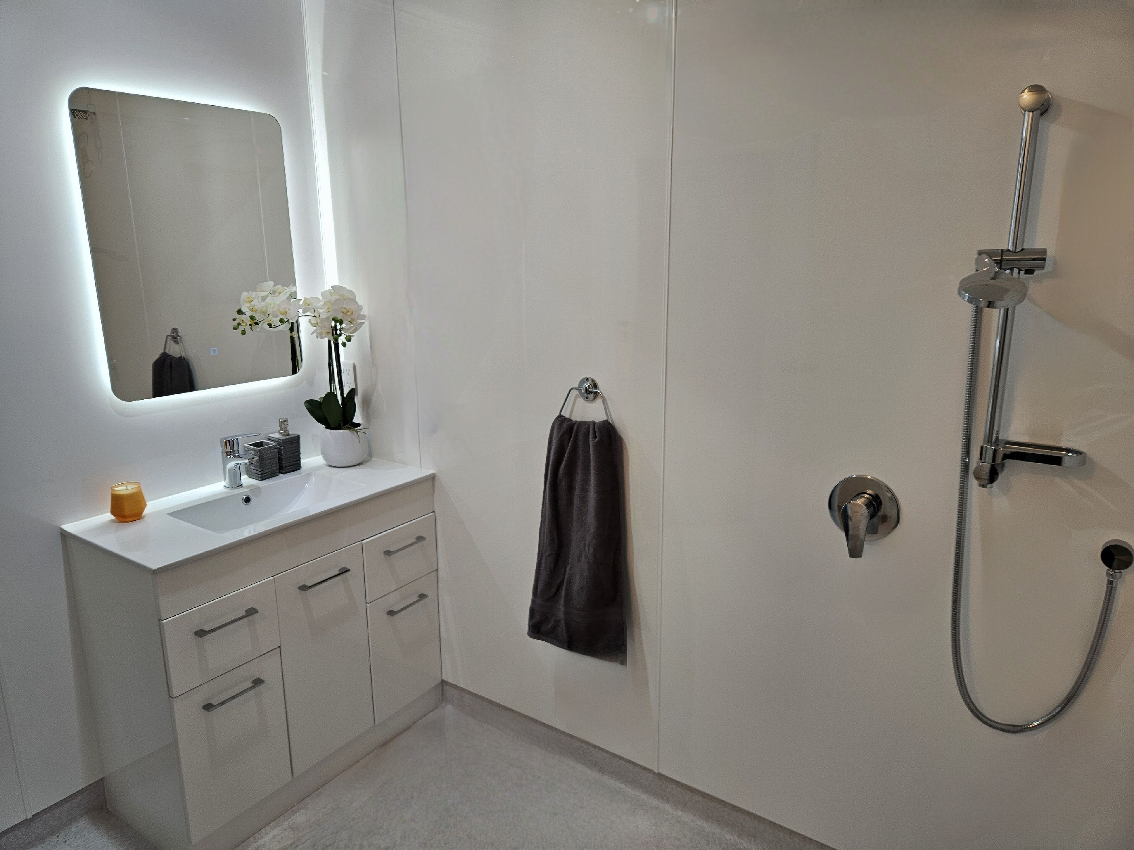Regadera, secadora de cabello, toallas, papel de baño 