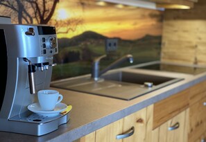 A coffee machine with a cup on a saucer, a sink, and wooden cabinets. - Gemütliches Bergchalet mit Sauna und Whirlpool (Freyung)